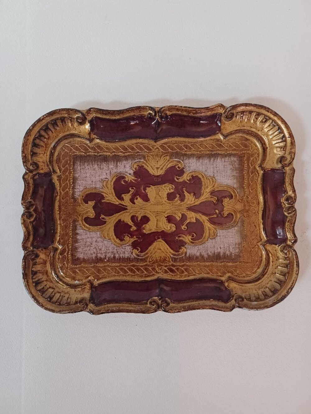 Vintage Italian Florentine Wooden Tray Red/Gold Toleware Vanity Tray MCM 8x6 in